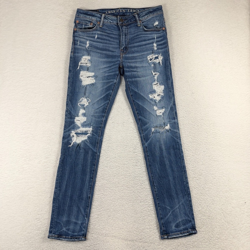American Eagle Airflex Athletic Skinny Jeans Mens 30x32 (31x29) Distressed Blue